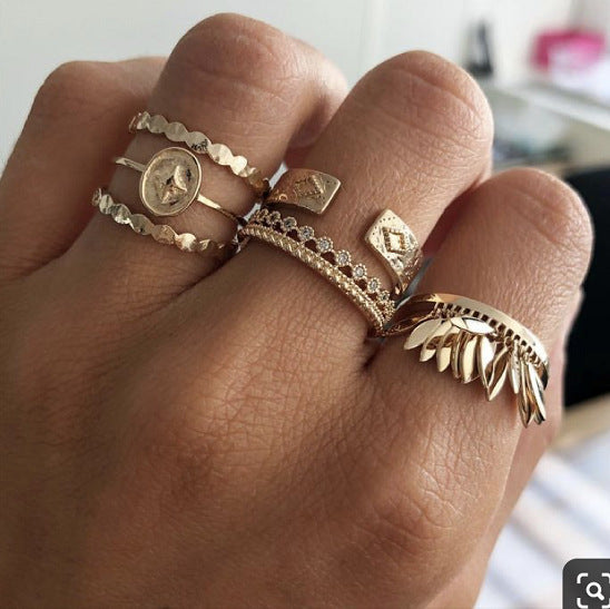 6-piece Ring Geometric Leaf Tassel  Ring